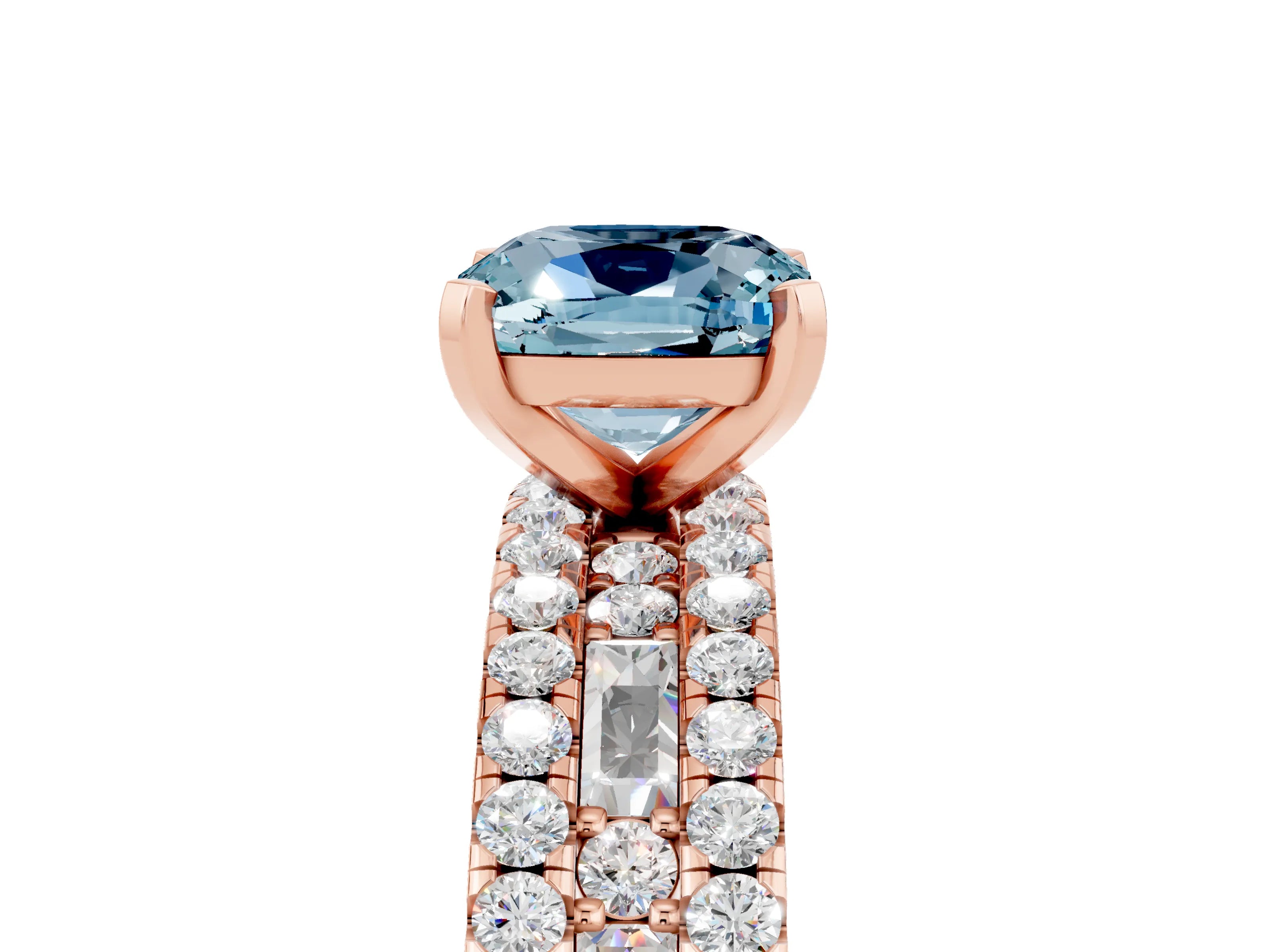 Rose gold Cushion Cut Aquamarine Solitaire Ring with Pavé and Channel Set Band_5