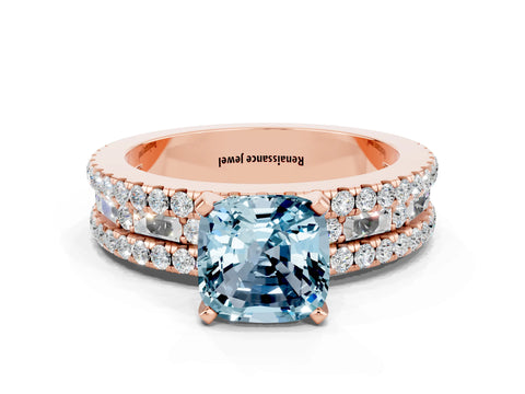 Rose gold Cushion Cut Aquamarine Solitaire Ring with Pavé and Channel Set Band