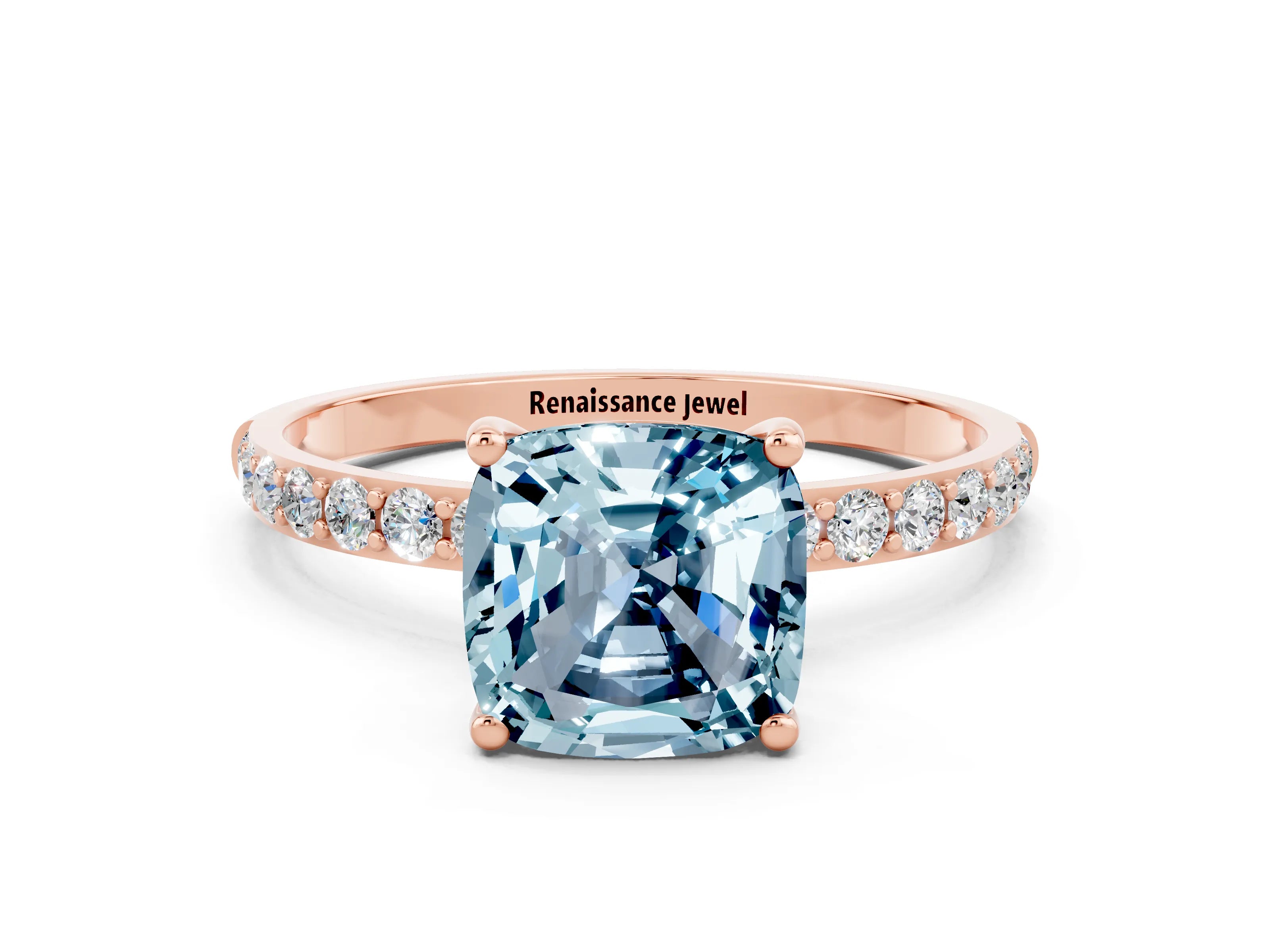 Rose gold Cushion Cut Aquamarine Solitaire Ring with Pave Band and Four Prong Setting_24