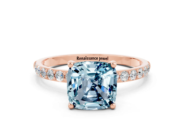 Rose gold Cushion Cut Aquamarine Solitaire Ring with Round  Pavé Band and Prong Setting