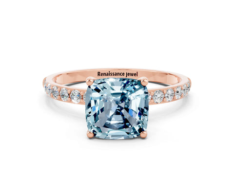 Rose gold Cushion Cut Aquamarine Solitaire Ring with Pave Band and Four Prong Setting_24
