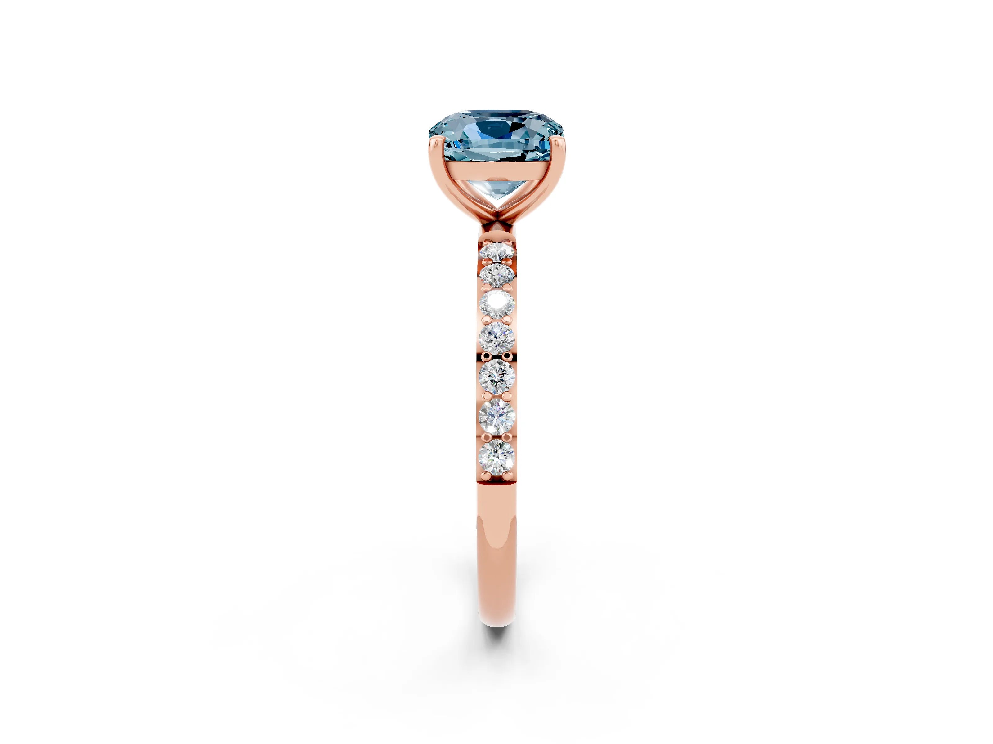 Rose gold Cushion Cut Aquamarine Solitaire Ring with Pave Band and Four Prong Setting_26