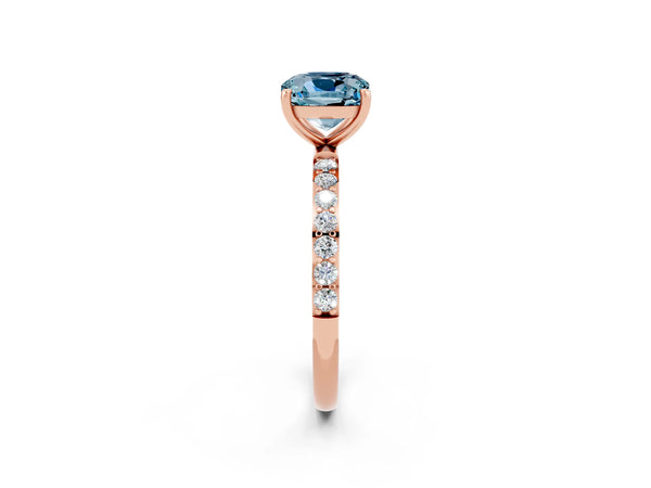 Rose gold Cushion Cut Aquamarine Solitaire Ring with Round  Pavé Band and Prong Setting