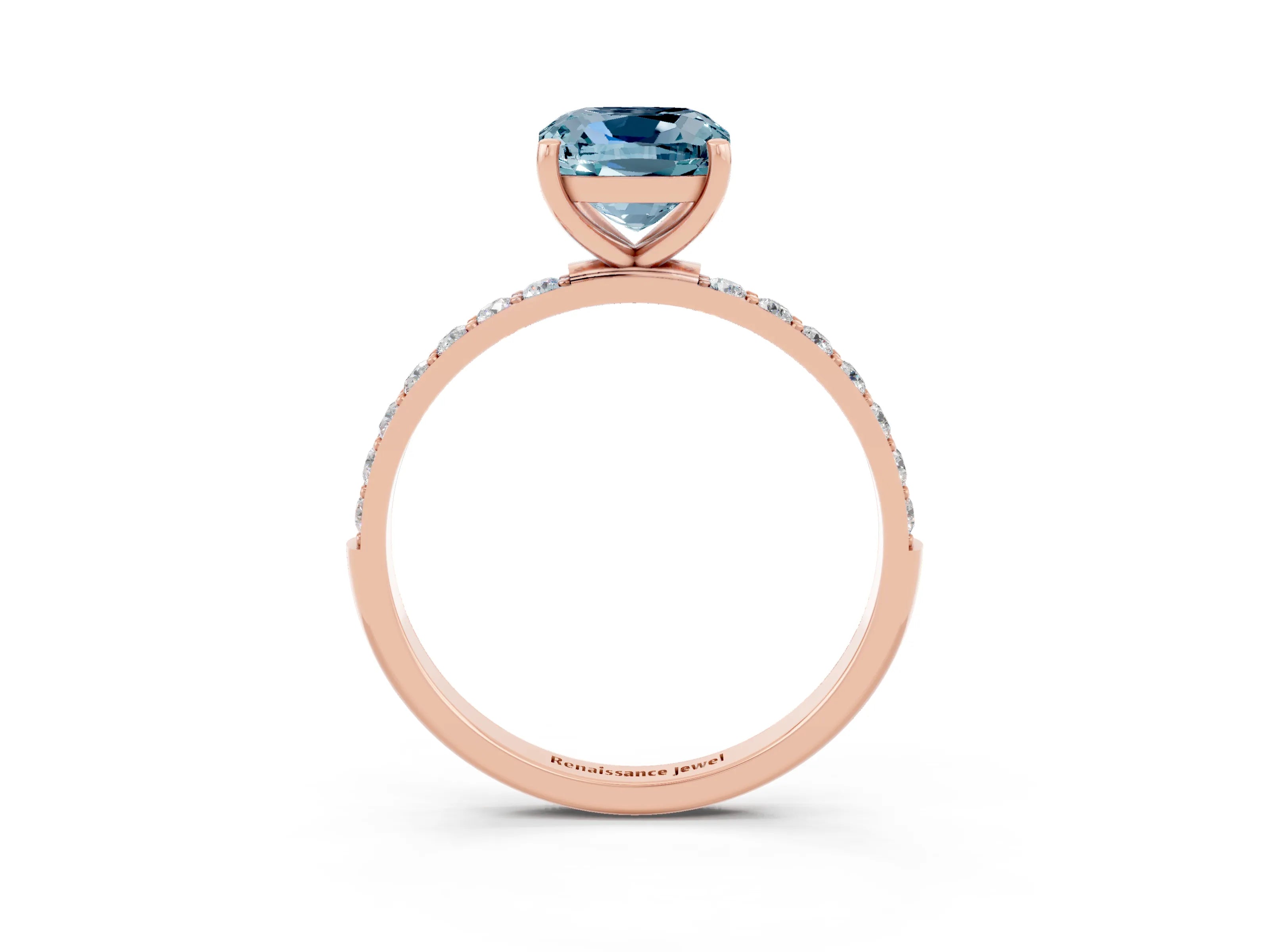 Rose gold Cushion Cut Aquamarine Solitaire Ring with Pave Band and Four Prong Setting_27