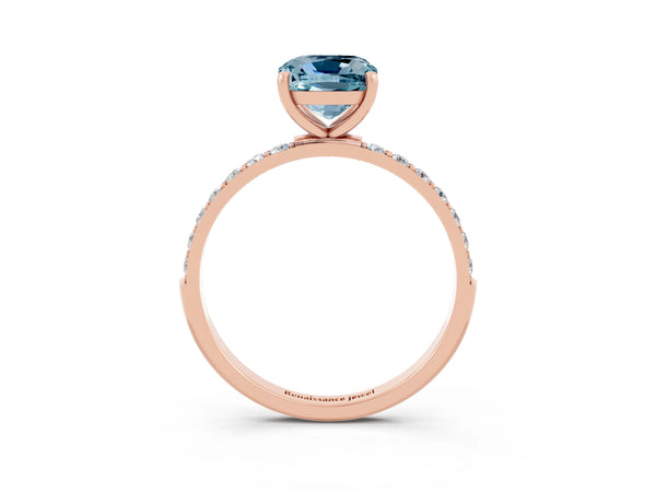 Rose gold Cushion Cut Aquamarine Solitaire Ring with Round  Pavé Band and Prong Setting