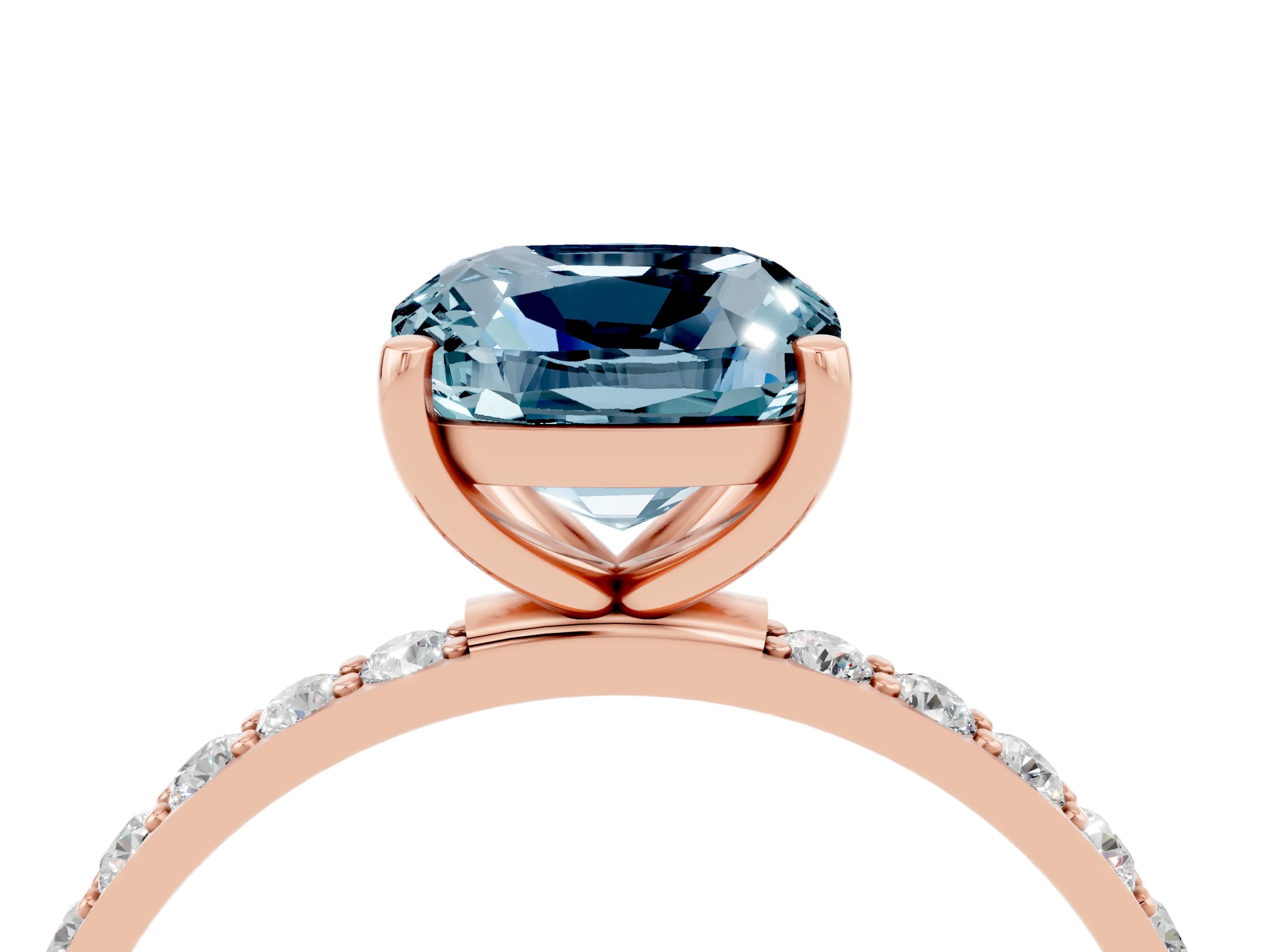 Rose gold Cushion Cut Aquamarine Solitaire Ring with Pave Band and Four Prong Setting_28