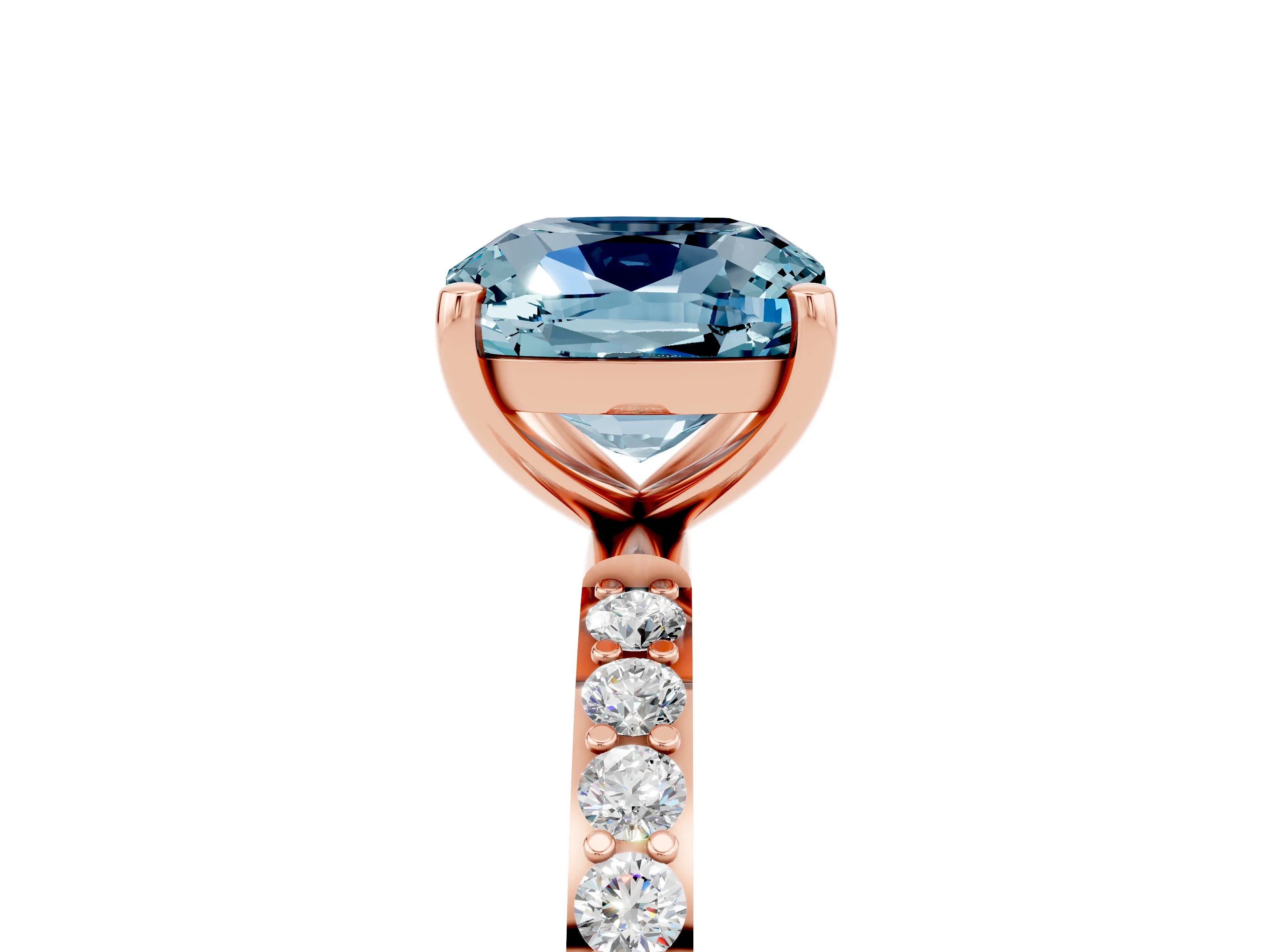 Rose gold Cushion Cut Aquamarine Solitaire Ring with Pave Band and Four Prong Setting_29
