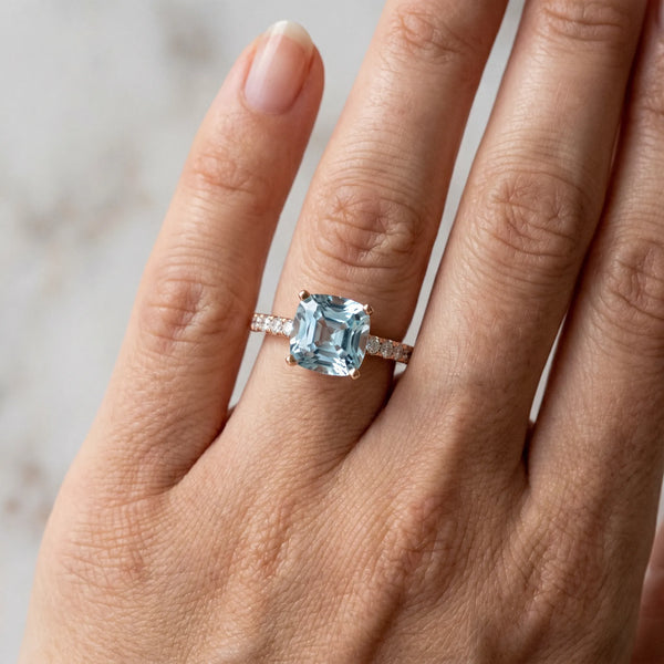 Rose gold Cushion Cut Aquamarine Solitaire Ring with Round  Pavé Band and Four-Prong Setting
