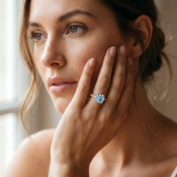 Rose gold Cushion Cut Aquamarine Solitaire Ring with Round  Pavé Band and Four-Prong Setting