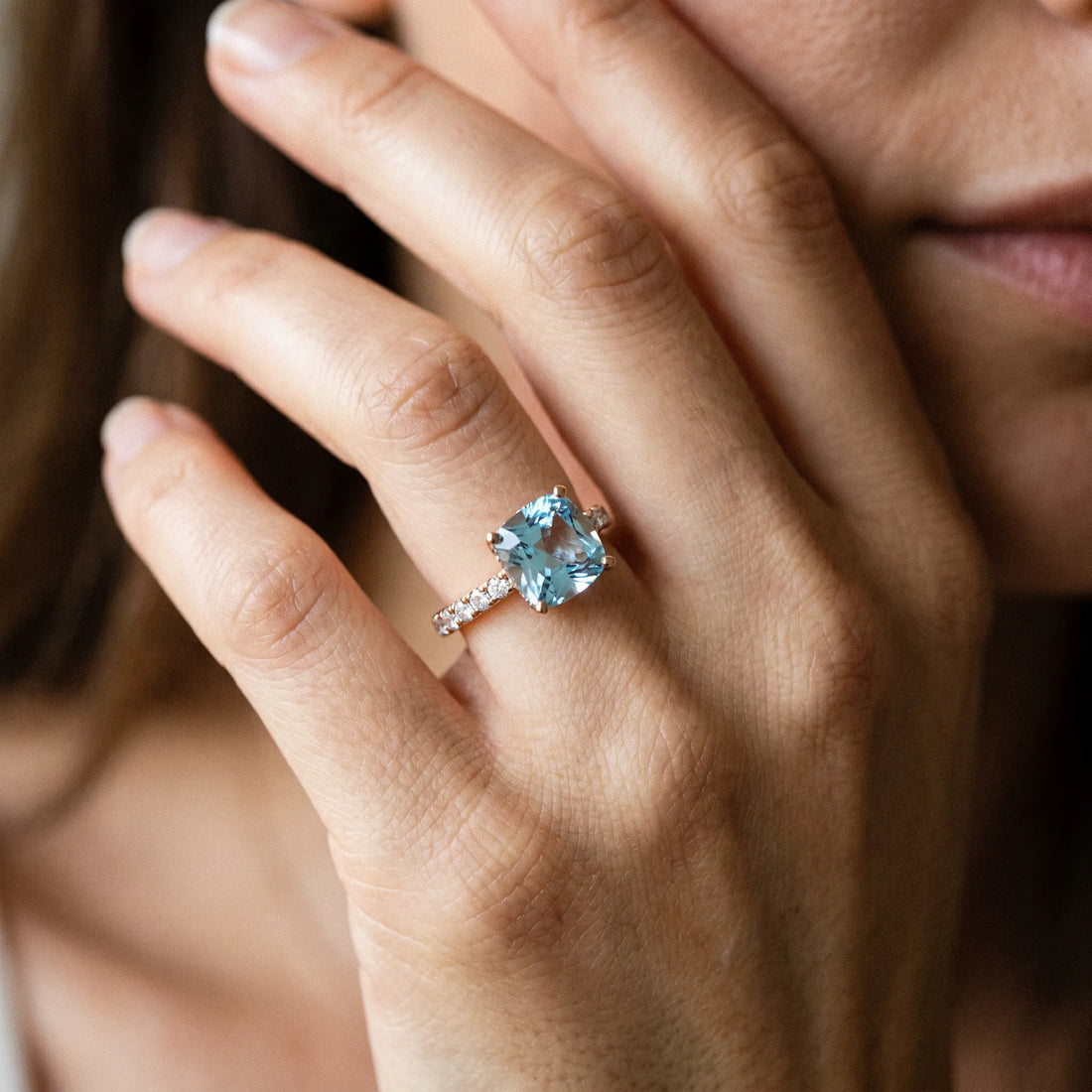 Rose gold Cushion Cut Aquamarine Solitaire Ring with Round  Pavé Band and Four-Prong Setting_44