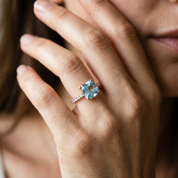 Rose gold Cushion Cut Aquamarine Solitaire Ring with Round  Pavé Band and Four-Prong Setting