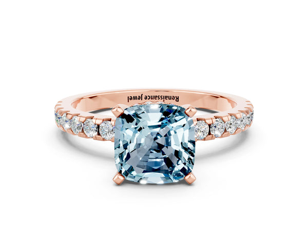 Rose gold Cushion Cut Aquamarine Solitaire Ring with Round Pavé Band and Four-Prong Setting
