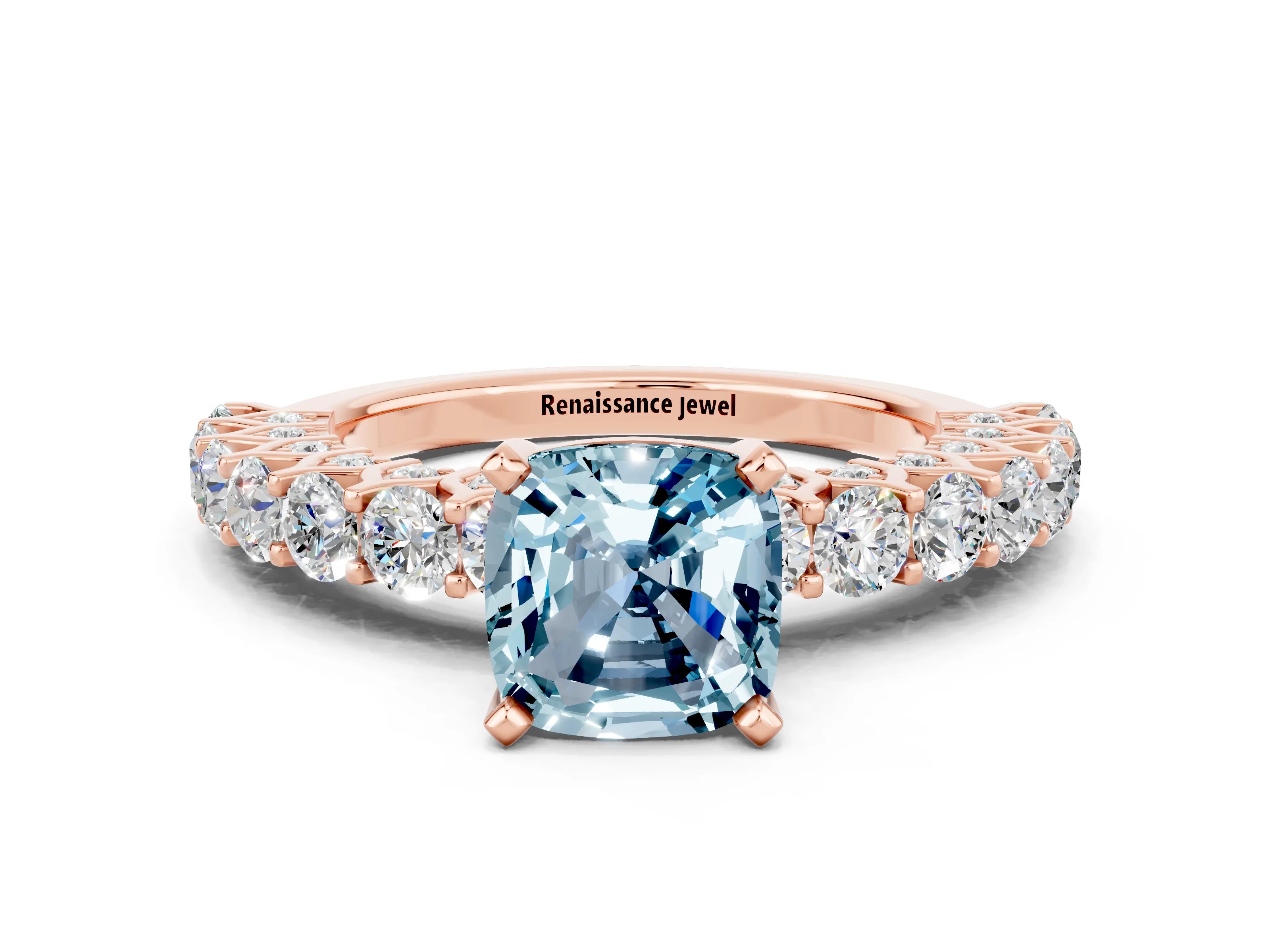 Rose gold Cushion Cut Aquamarine Solitaire Ring with Shared Prong Pavé Band and Four-Prong Setting