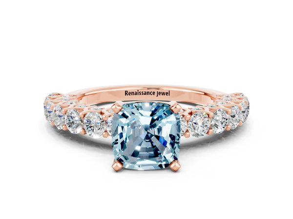 Rose gold Cushion Cut Aquamarine Solitaire Ring with Shared Prong Pavé Band and Four-Prong Setting