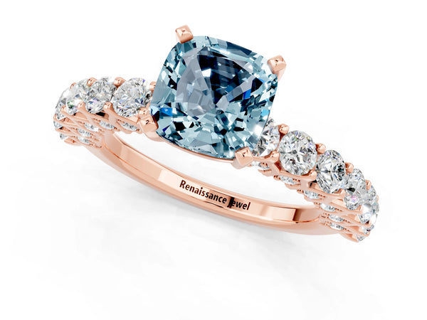 Rose gold Cushion Cut Aquamarine Solitaire Ring with Shared Prong Pavé Band and Four-Prong Setting