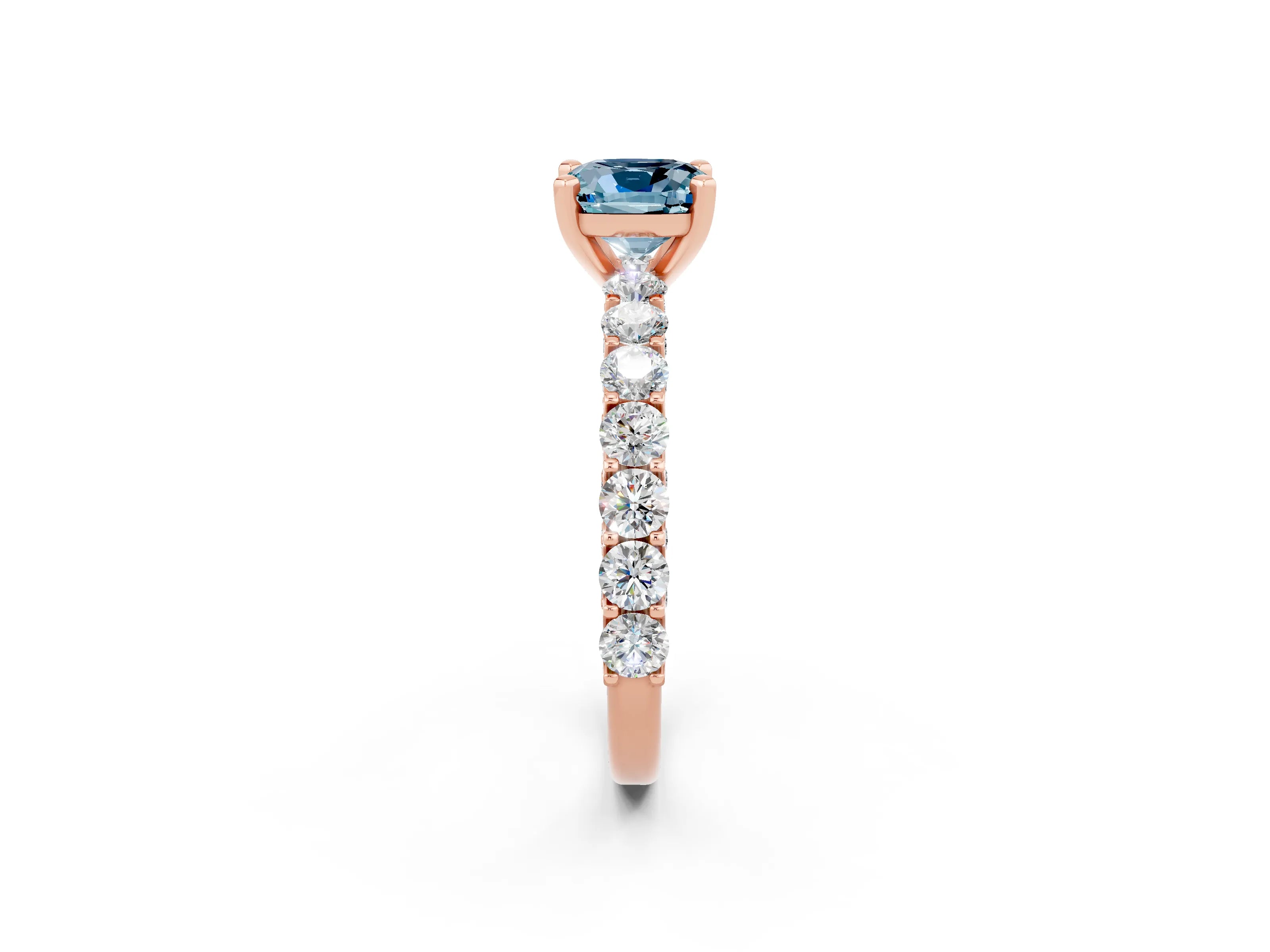 Rose gold Cushion Cut Aquamarine Solitaire Ring with Shared Prong Pavé Band and Four-Prong Setting_2