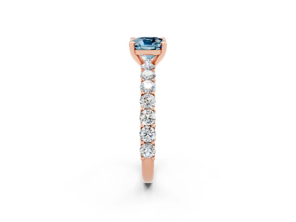 Rose gold Cushion Cut Aquamarine Solitaire Ring with Shared Prong Pavé Band and Four-Prong Setting