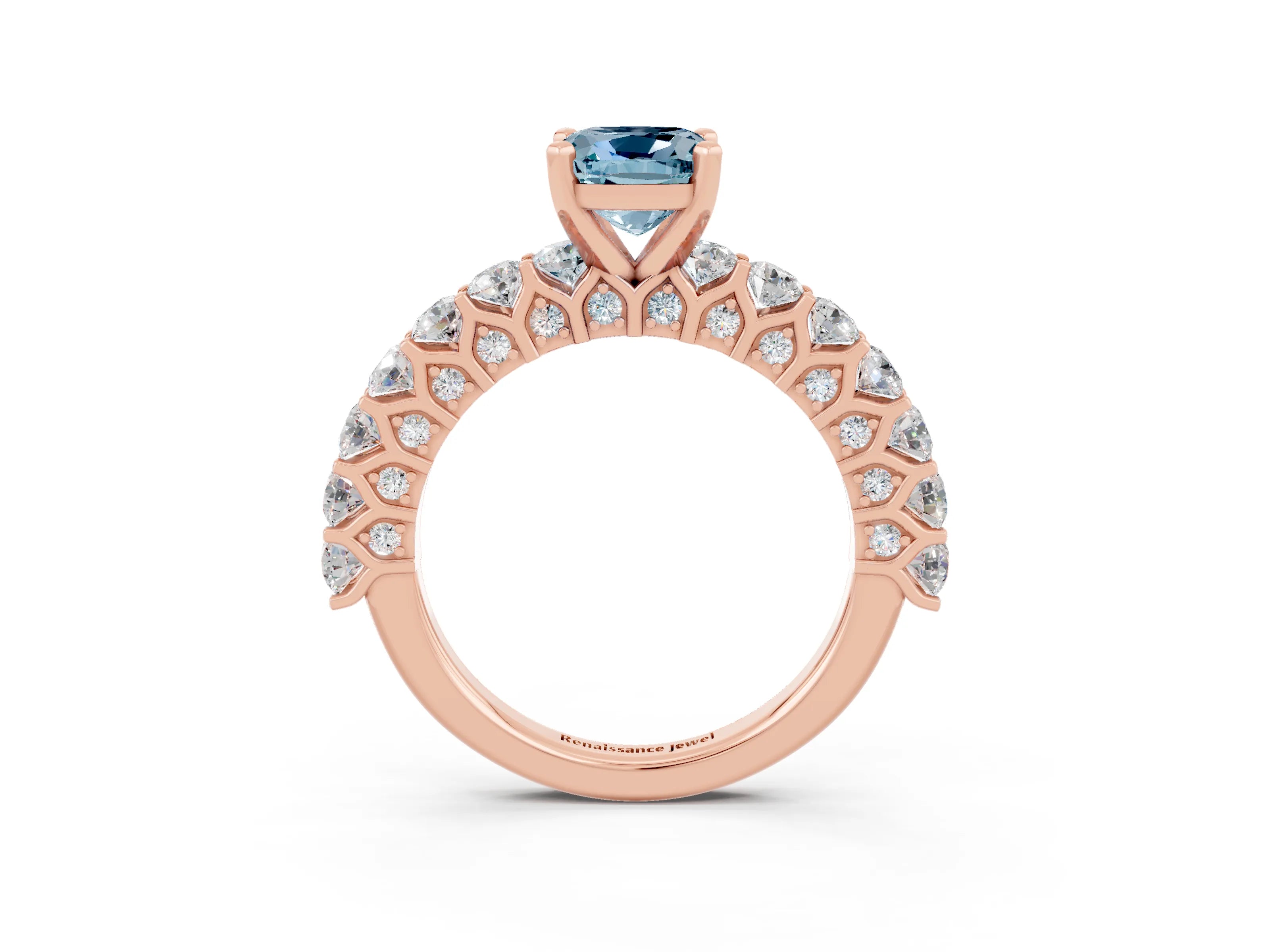 Rose gold Cushion Cut Aquamarine Solitaire Ring with Shared Prong Pavé Band and Four-Prong Setting_3