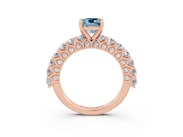Rose gold Cushion Cut Aquamarine Solitaire Ring with Shared Prong Pavé Band and Four-Prong Setting