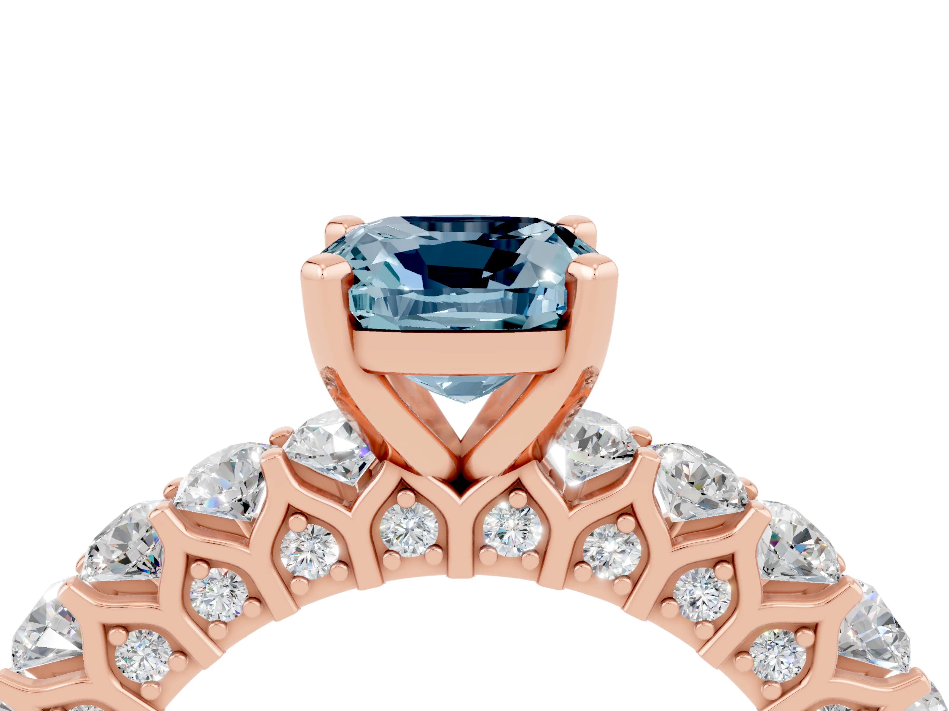 Rose gold Cushion Cut Aquamarine Solitaire Ring with Shared Prong Pavé Band and Four-Prong Setting_4