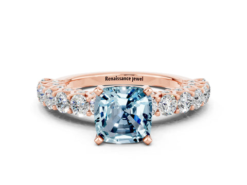 Rose gold Cushion Cut Aquamarine Solitaire Ring with Shared Prong Pavé Band and Four-Prong Setting