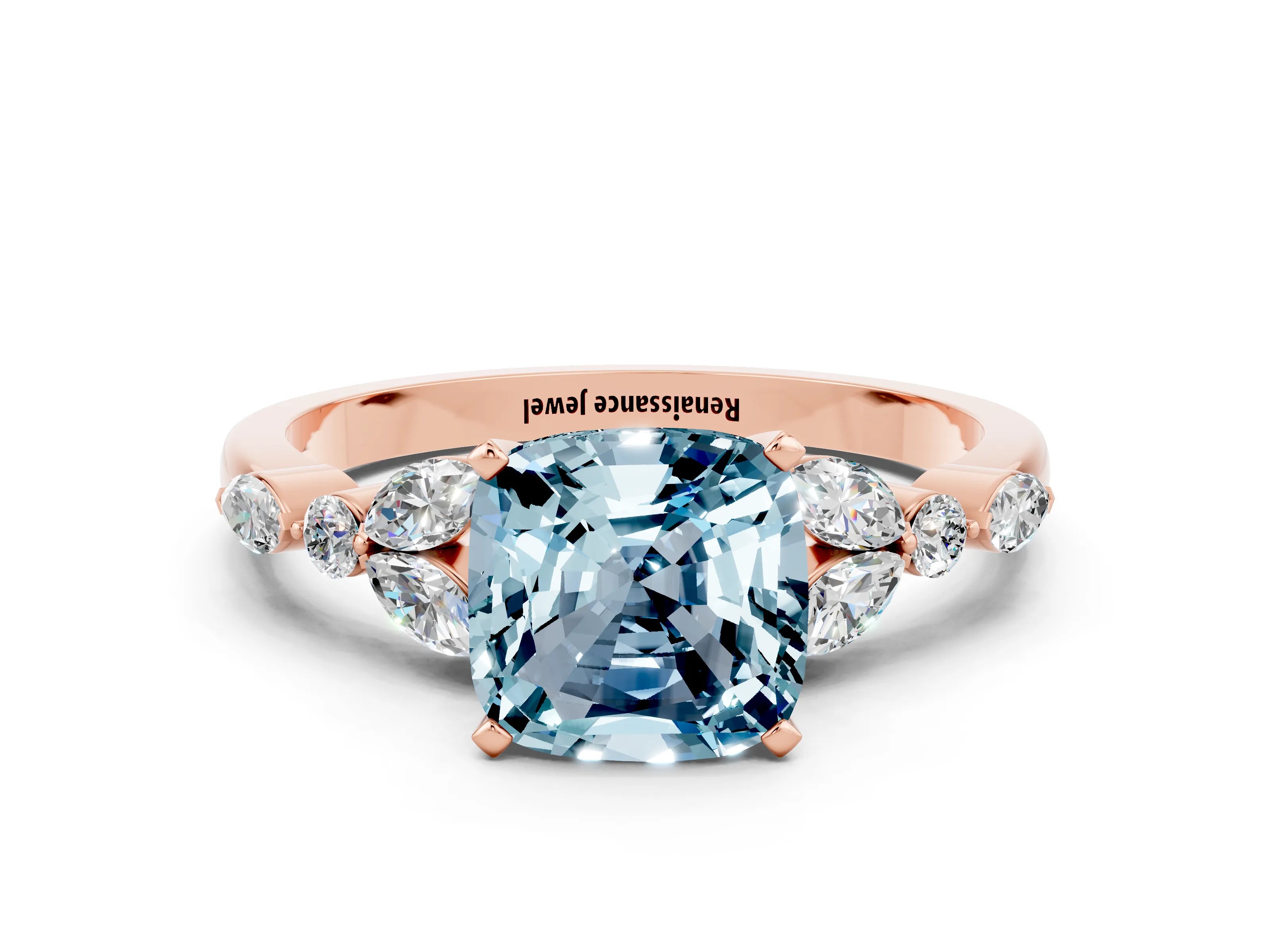 Rose gold Cushion Cut Aquamarine Solitaire Ring with Side Stones and Four-Prong Setting_12