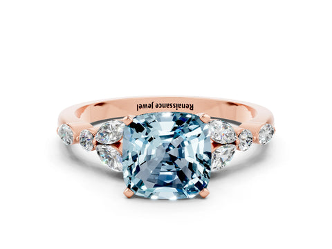 Rose gold Cushion Cut Aquamarine Solitaire Ring with Side Stones and Four-Prong Setting_12