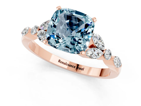 Rose gold Cushion Cut Aquamarine Solitaire Ring with Side Stones and Four-Prong Setting_13