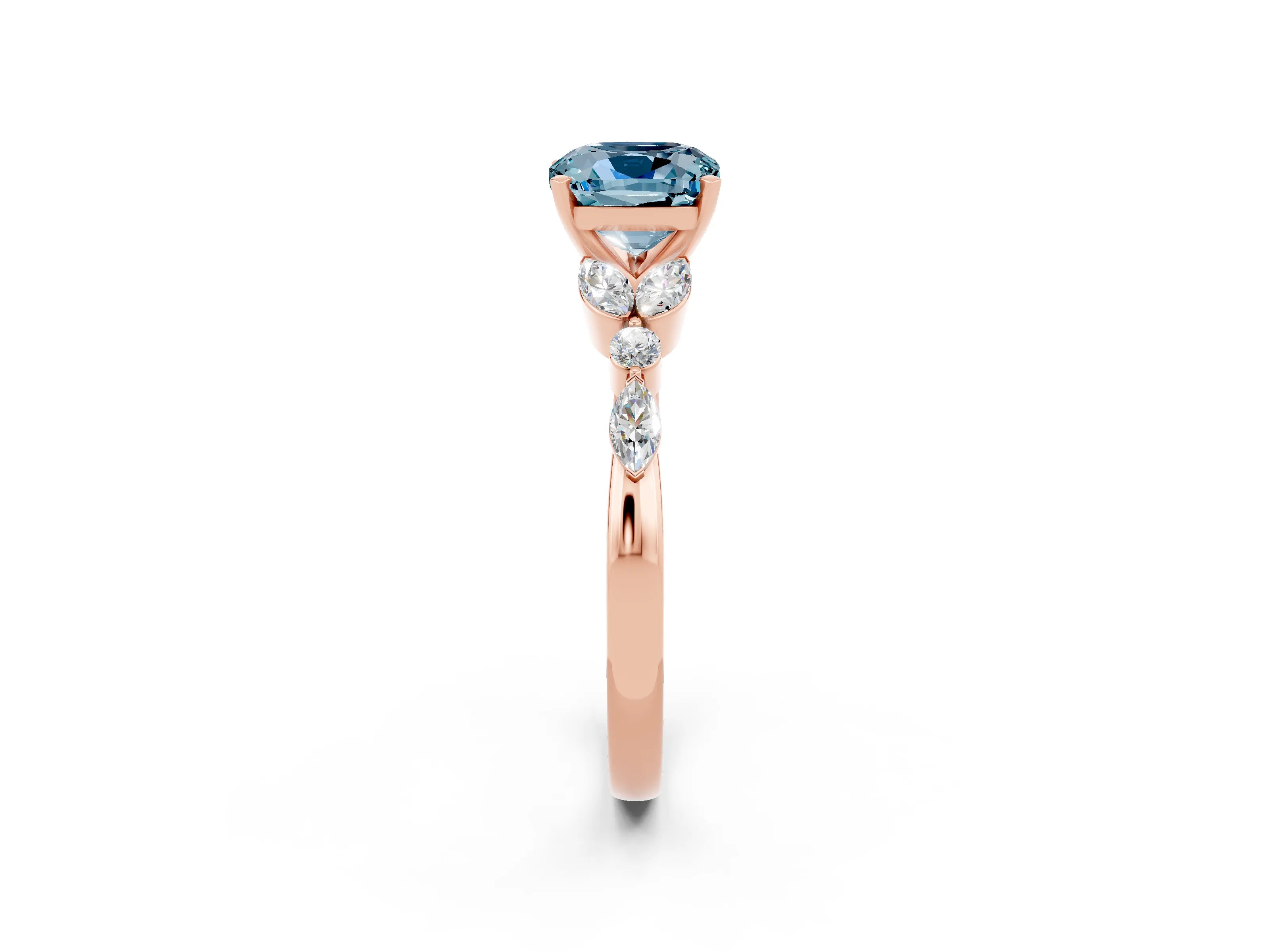 Rose gold Cushion Cut Aquamarine Solitaire Ring with Side Stones and Four-Prong Setting_14