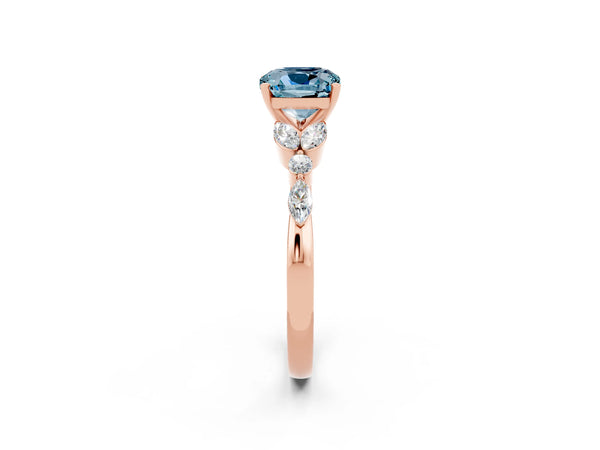 Rose gold Cushion Cut Aquamarine Solitaire Ring with Side Stones and Four-Prong Setting