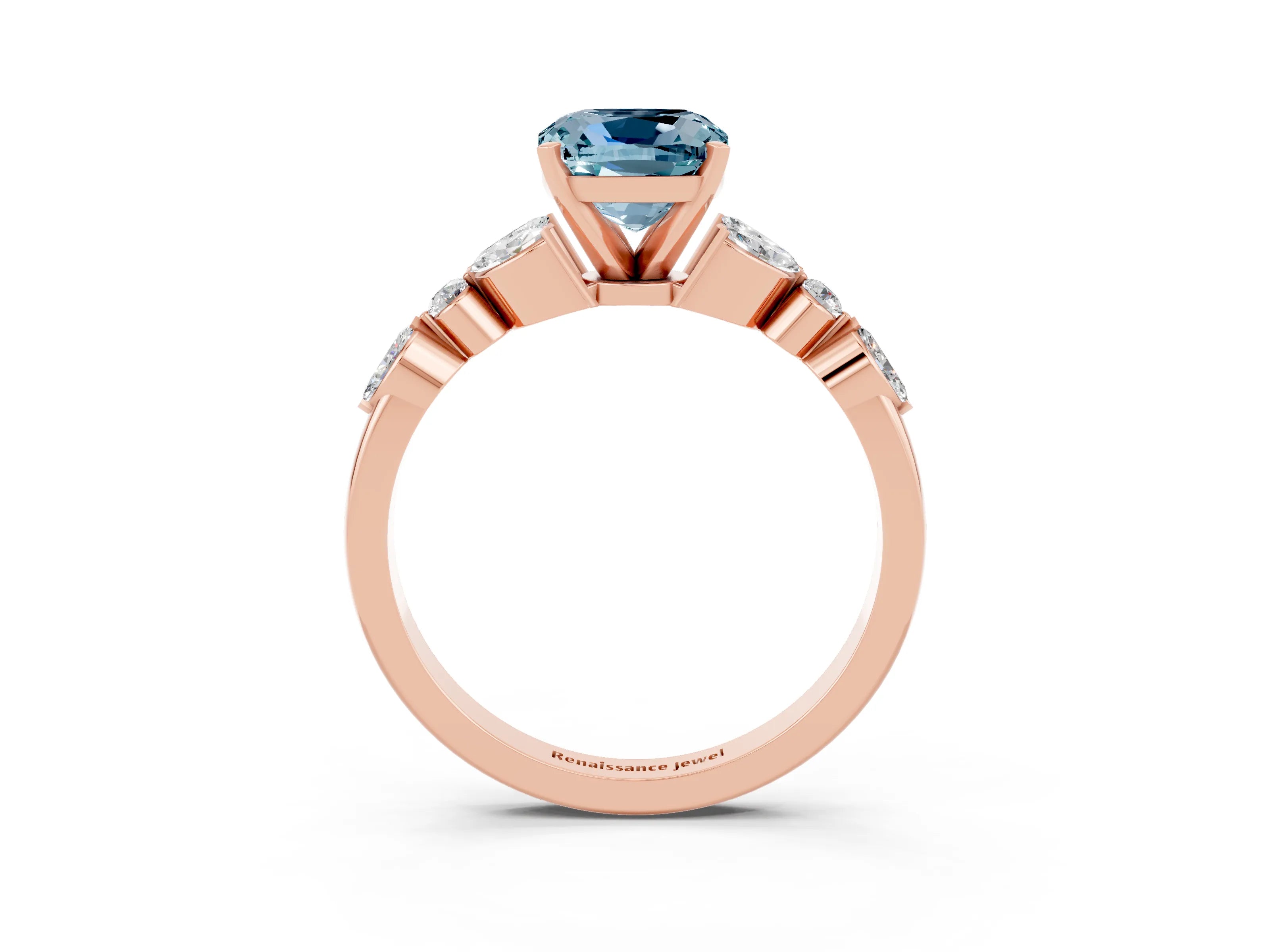 Rose gold Cushion Cut Aquamarine Solitaire Ring with Side Stones and Four-Prong Setting_15