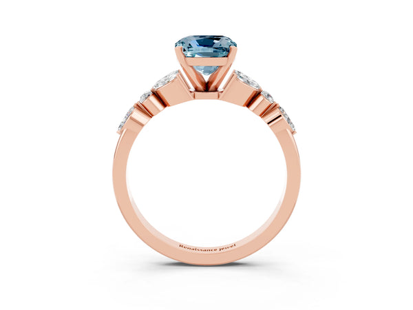 Rose gold Cushion Cut Aquamarine Solitaire Ring with Side Stones and Four-Prong Setting