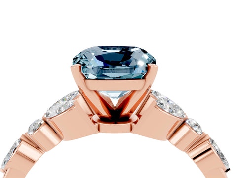 Rose gold Cushion Cut Aquamarine Solitaire Ring with Side Stones and Four-Prong Setting_16