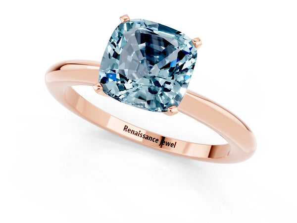 Rose gold Cushion Cut Aquamarine Solitaire Ring with Six-Prong Setting and Classic Band