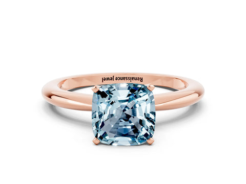 Rose gold Cushion Cut Aquamarine Solitaire Ring with Six-Prong Setting and Classic Band