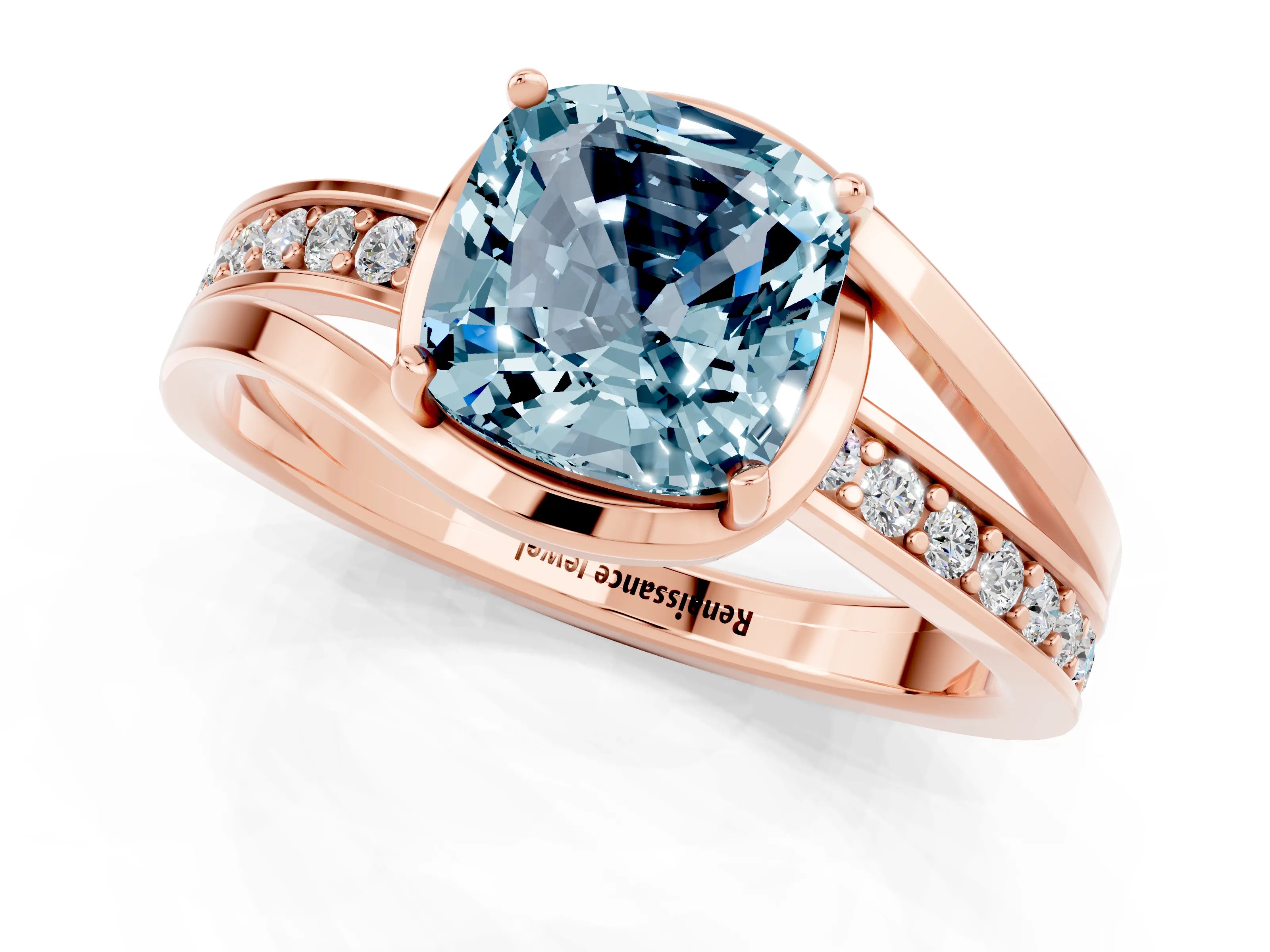Rose gold Cushion Cut Aquamarine Solitaire Ring with Split Shank and Prong Setting_1