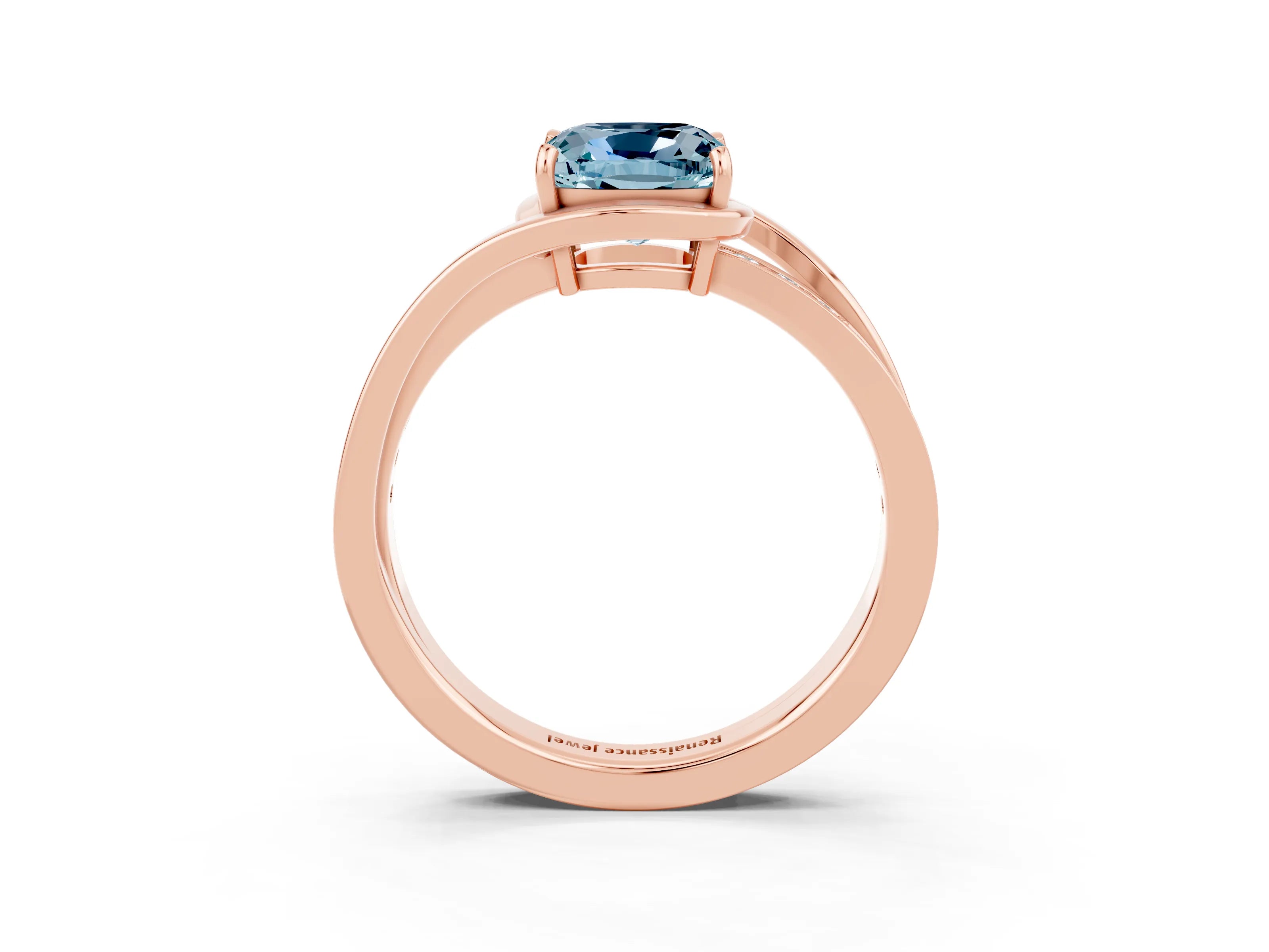 Rose gold Cushion Cut Aquamarine Solitaire Ring with Split Shank and Prong Setting_3