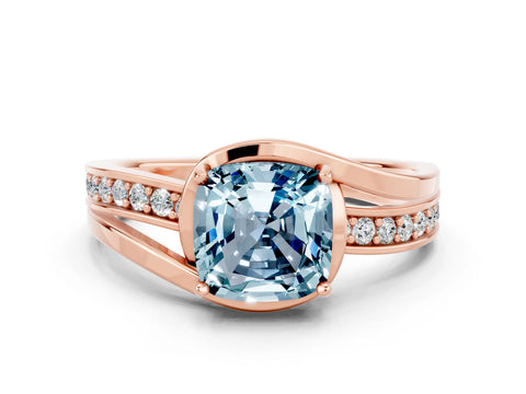 Rose gold Cushion Cut Aquamarine Solitaire Ring with Split Shank and Prong Setting