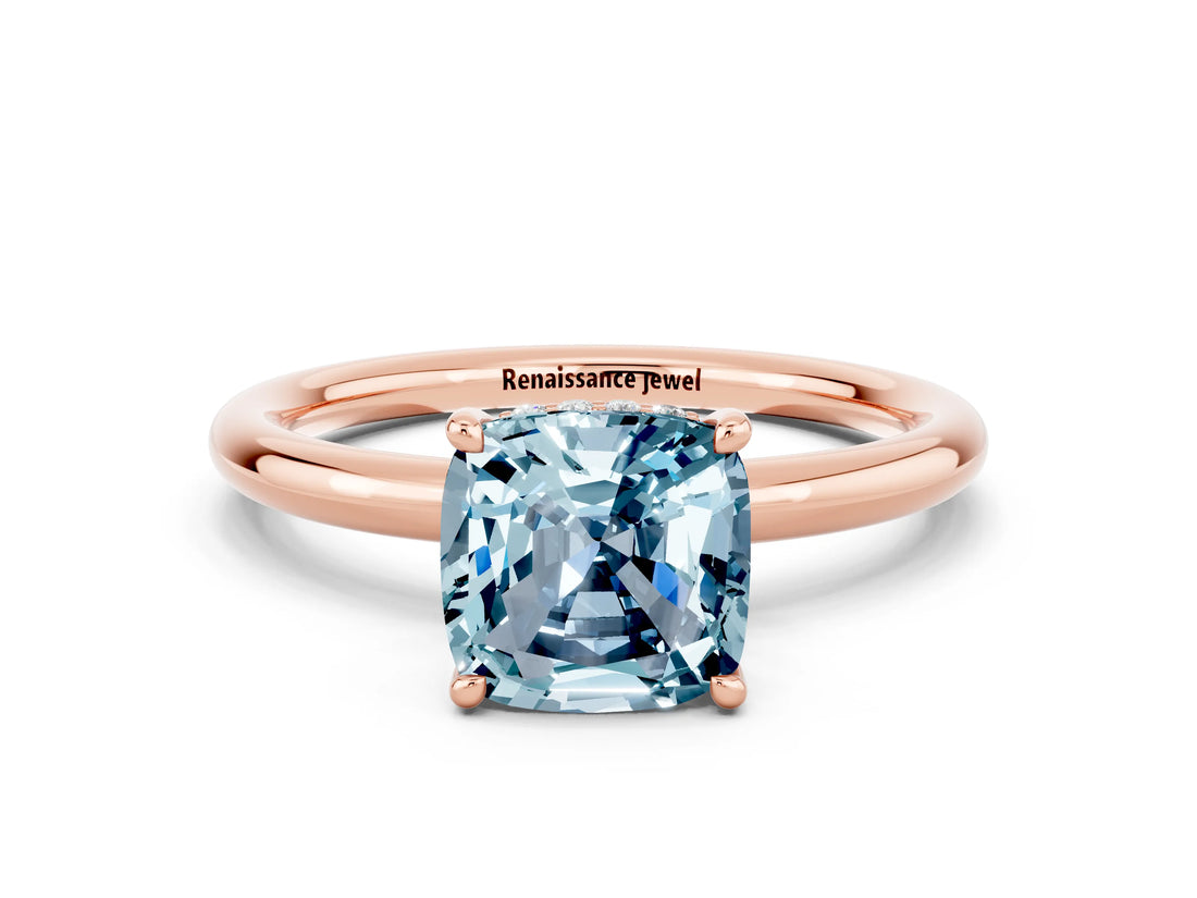 Rose gold Cushion Cut Aquamarine Solitaire Ring with Thin Band and Four-Prong Setting
