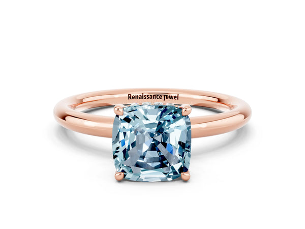 Rose gold Cushion Cut Aquamarine Solitaire Ring with Thin Band and Four-Prong Setting