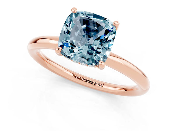 Rose gold Cushion Cut Aquamarine Solitaire Ring with Thin Band and Four-Prong Setting