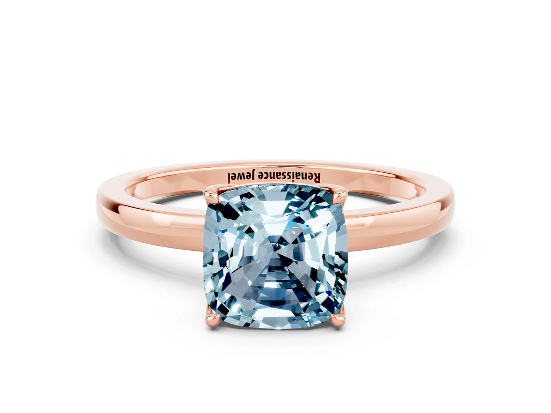Rose gold Cushion Cut Aquamarine Solitaire Ring with Thin Band and Prong Setting_12