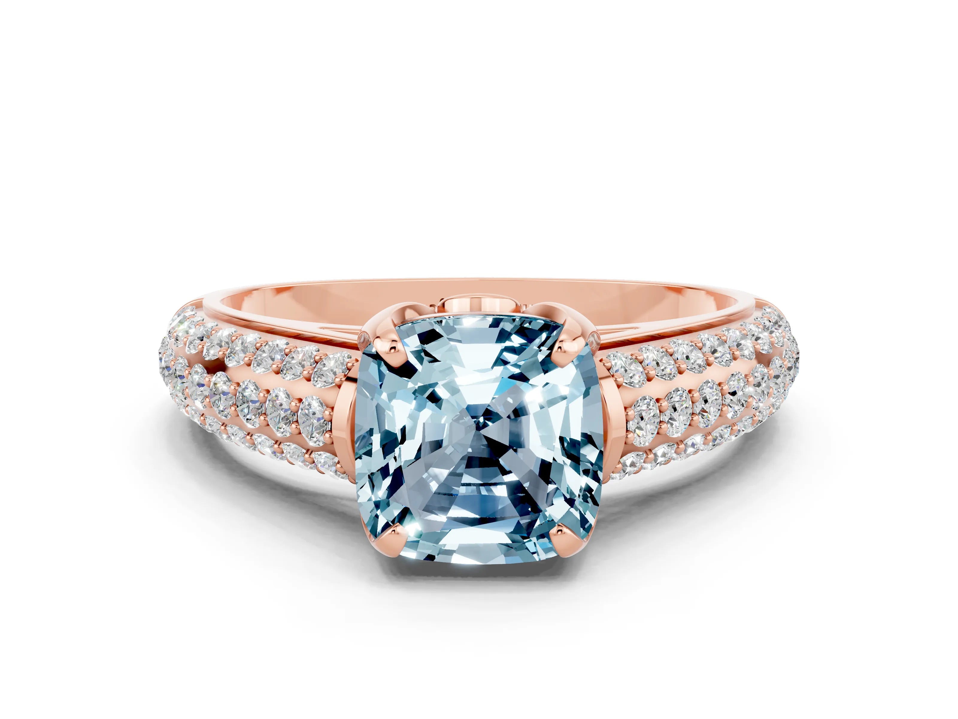 Rose gold Cushion Cut Aquamarine Solitaire Ring with Three-Row Pavé Band and Four-Prong Setting_12