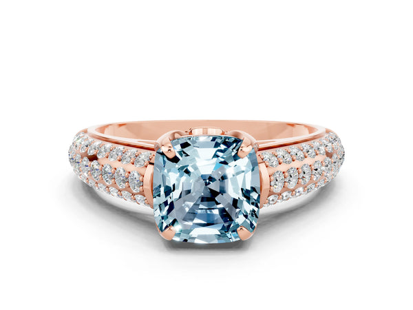 Rose gold Cushion Cut Aquamarine Solitaire Ring with Three-Row Pavé Band and Four-Prong Setting