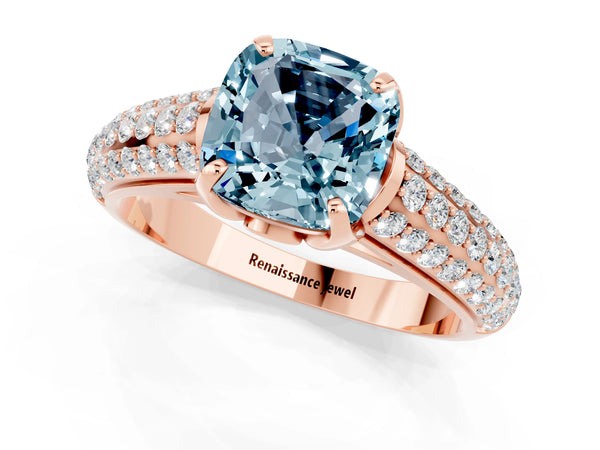Rose gold Cushion Cut Aquamarine Solitaire Ring with Three-Row Pavé Band and Four-Prong Setting