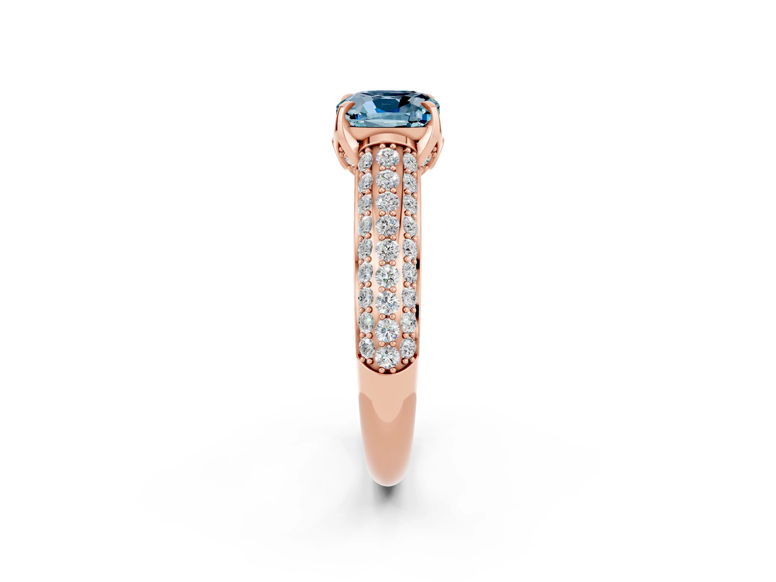 Rose gold Cushion Cut Aquamarine Solitaire Ring with Three-Row Pavé Band and Four-Prong Setting_14