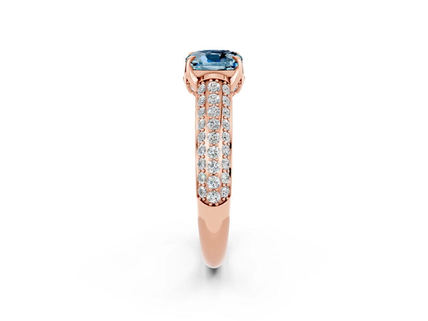Rose gold Cushion Cut Aquamarine Solitaire Ring with Three-Row Pavé Band and Four-Prong Setting