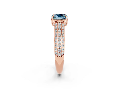 Rose gold Cushion Cut Aquamarine Solitaire Ring with Three-Row Pavé Band and Four-Prong Setting_14