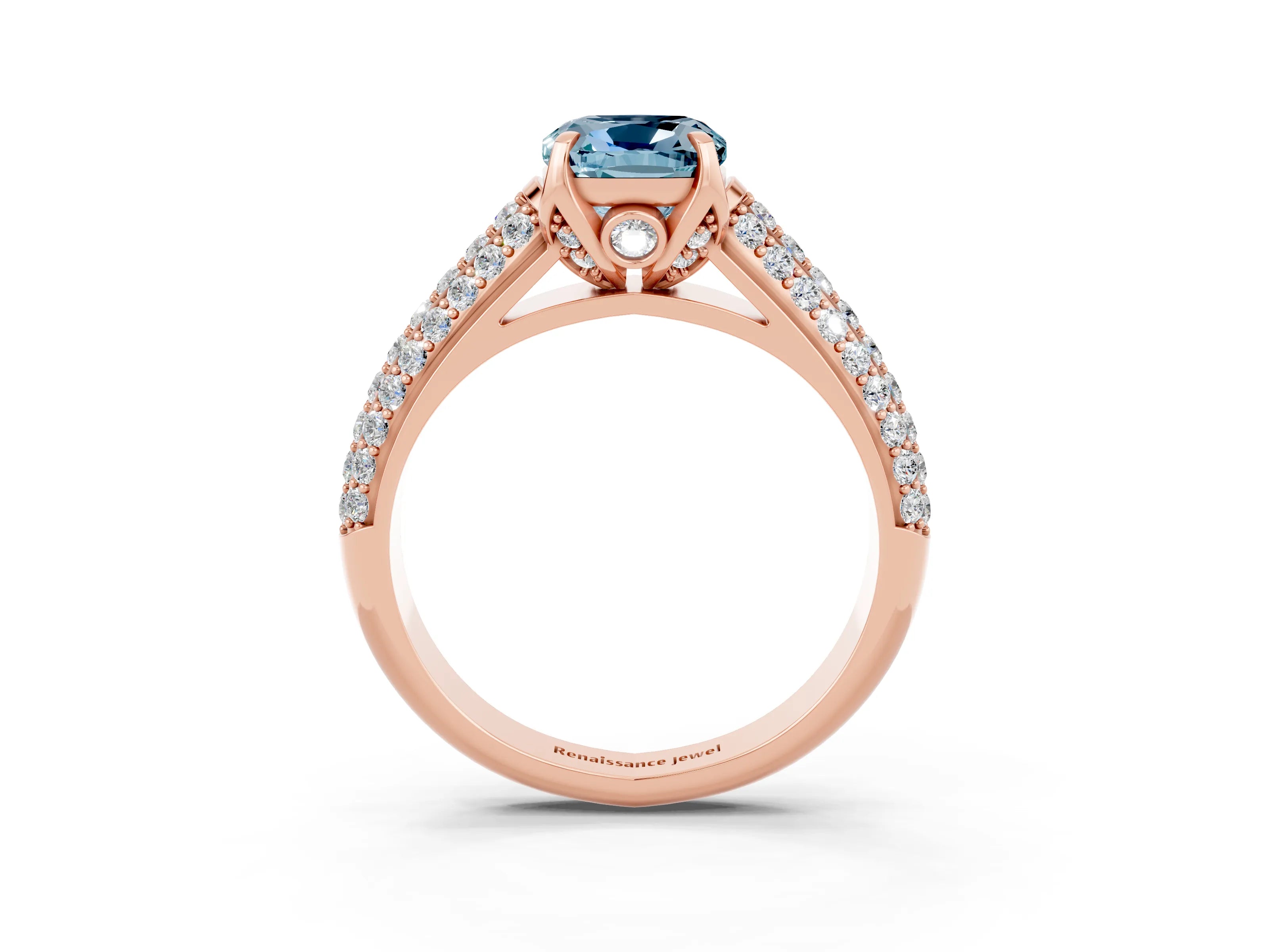 Rose gold Cushion Cut Aquamarine Solitaire Ring with Three-Row Pavé Band and Four-Prong Setting_15