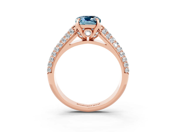 Rose gold Cushion Cut Aquamarine Solitaire Ring with Three-Row Pavé Band and Four-Prong Setting